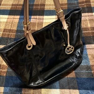 Michael Kors Shiny Black Tote with Tan Straps